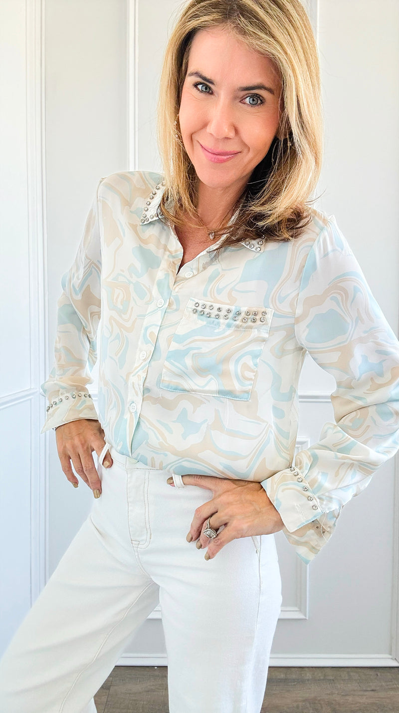 Marble Printed Embellished Top-130 Long Sleeve Tops-Rousseau-Coastal Bloom Boutique, find the trendiest versions of the popular styles and looks Located in Indialantic, FL