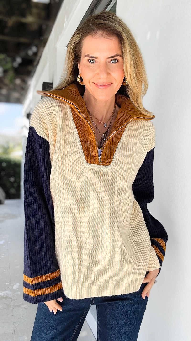 Colorblock Charm Zip Sweater-140 Sweaters-English Factory-Coastal Bloom Boutique, find the trendiest versions of the popular styles and looks Located in Indialantic, FL