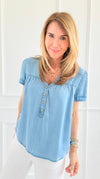 Relaxed V-Neck Chambray Top-110 Short Sleeve Tops-Blu Pepper-Coastal Bloom Boutique, find the trendiest versions of the popular styles and looks Located in Indialantic, FL