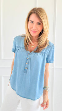 Relaxed V-Neck Chambray Top-110 Short Sleeve Tops-Blu Pepper-Coastal Bloom Boutique, find the trendiest versions of the popular styles and looks Located in Indialantic, FL