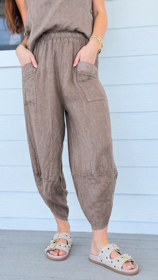 La Spezia Barrel Linen Italian Pant- Taupe