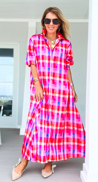Sweet Check Italian Button Long Dress