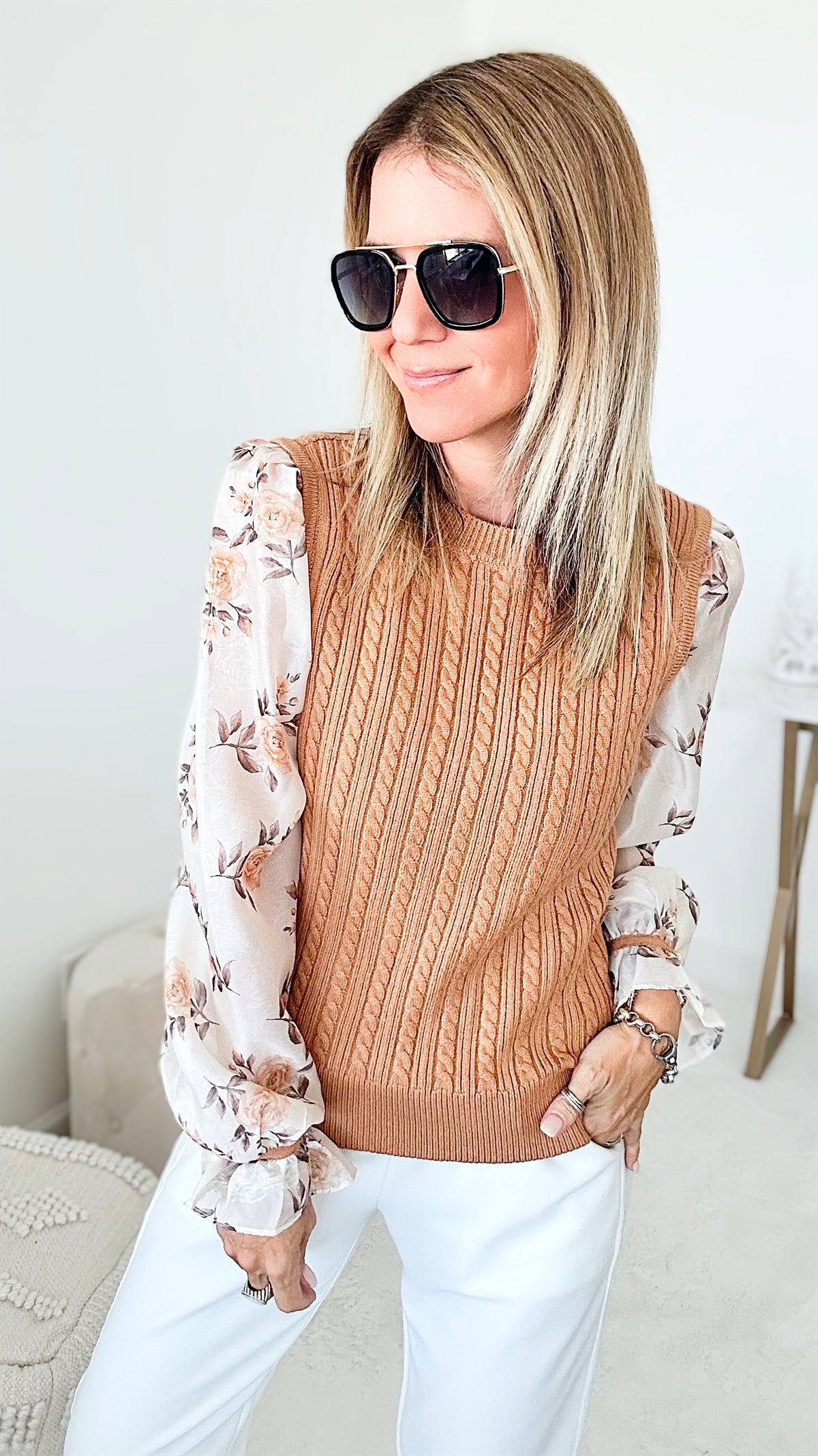 Vintage Roses Silky Sleeves Cable Sweater - Camel-140 Sweaters-Fate By LFD-Coastal Bloom Boutique, find the trendiest versions of the popular styles and looks Located in Indialantic, FL