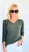 Soho Italian V-Neck Pullover - Olive-140 Sweaters-Italianissimo-Coastal Bloom Boutique, find the trendiest versions of the popular styles and looks Located in Indialantic, FL