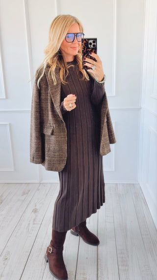 Ribbed Knit Midi Italian Dress - Brown