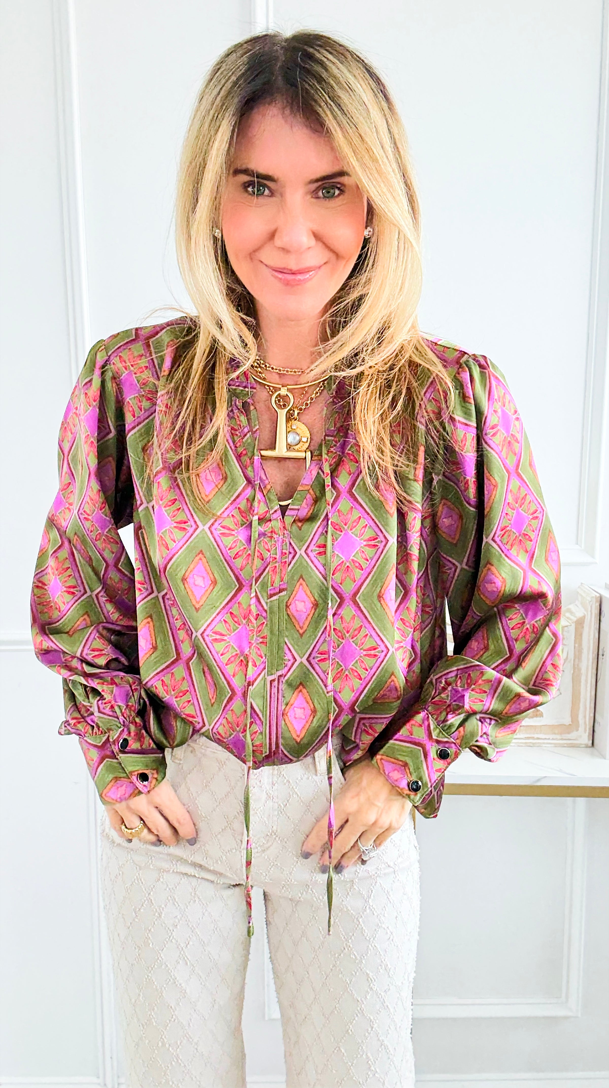 Geometric Floral Split Neck Top-110 Long Sleeve Tops-sew in love-Coastal Bloom Boutique, find the trendiest versions of the popular styles and looks Located in Indialantic, FL