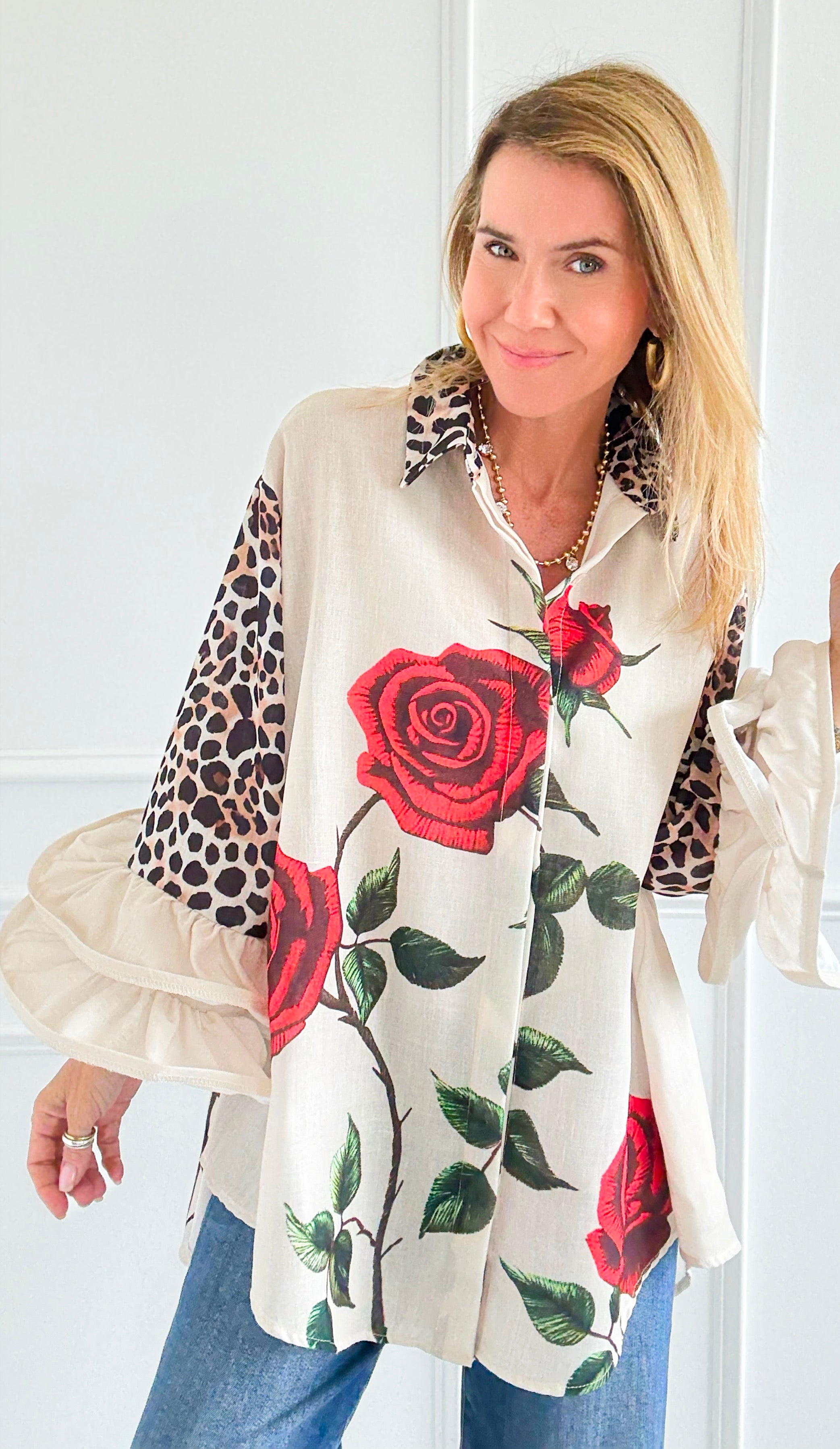 Wild Roses Ruffle Bell Sleeve Italian Blouse-130 Long sleeve top-Italianissimo-Coastal Bloom Boutique, find the trendiest versions of the popular styles and looks Located in Indialantic, FL