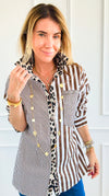 Stripe & Leopard Trim Italian Woven Blouse-110 Long Sleeve Tops-AMIRA-Coastal Bloom Boutique, find the trendiest versions of the popular styles and looks Located in Indialantic, FL
