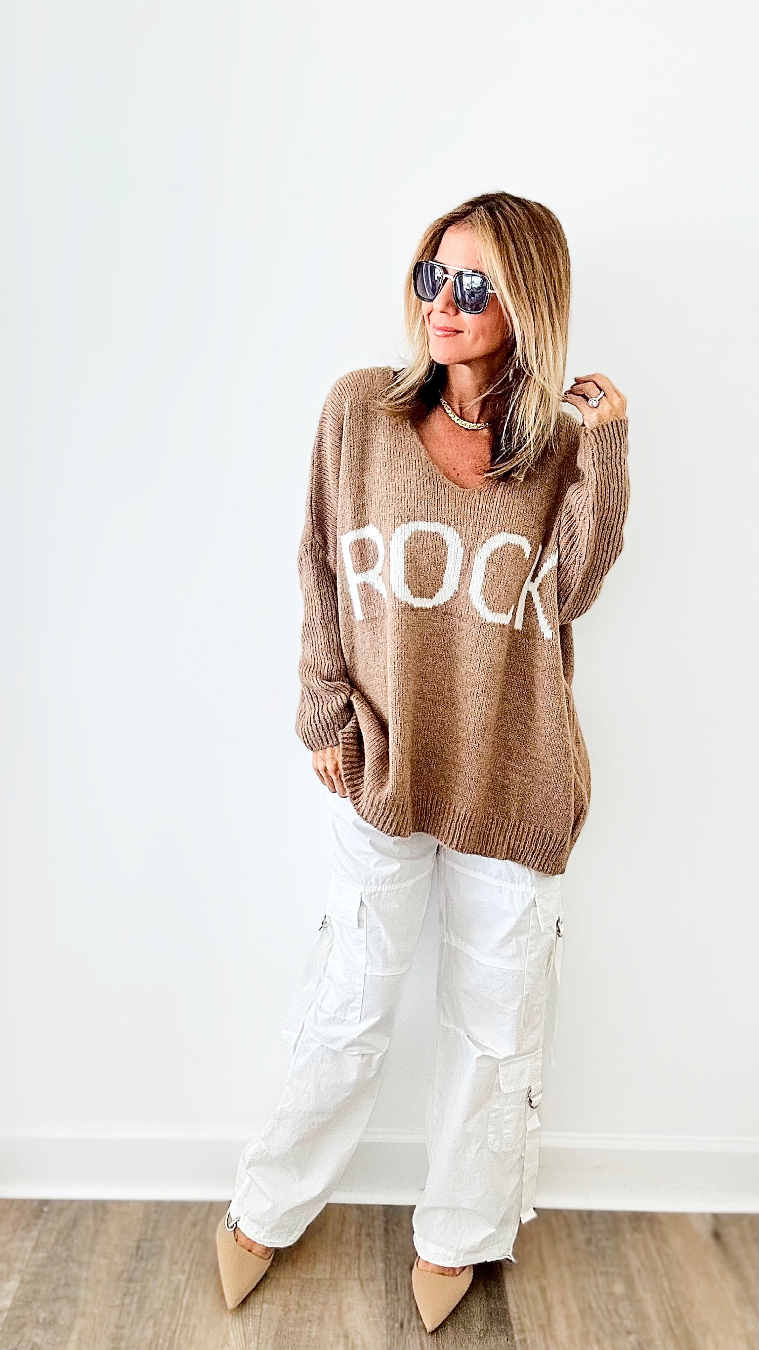 Rock V-Neck Sweater - Camel-130 Long sleeve top-VENTI6 OUTLET-Coastal Bloom Boutique, find the trendiest versions of the popular styles and looks Located in Indialantic, FL