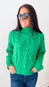 Chunky Pearl Embellished Sweater - Kelly Green-140 Sweaters-Adora-Coastal Bloom Boutique, find the trendiest versions of the popular styles and looks Located in Indialantic, FL