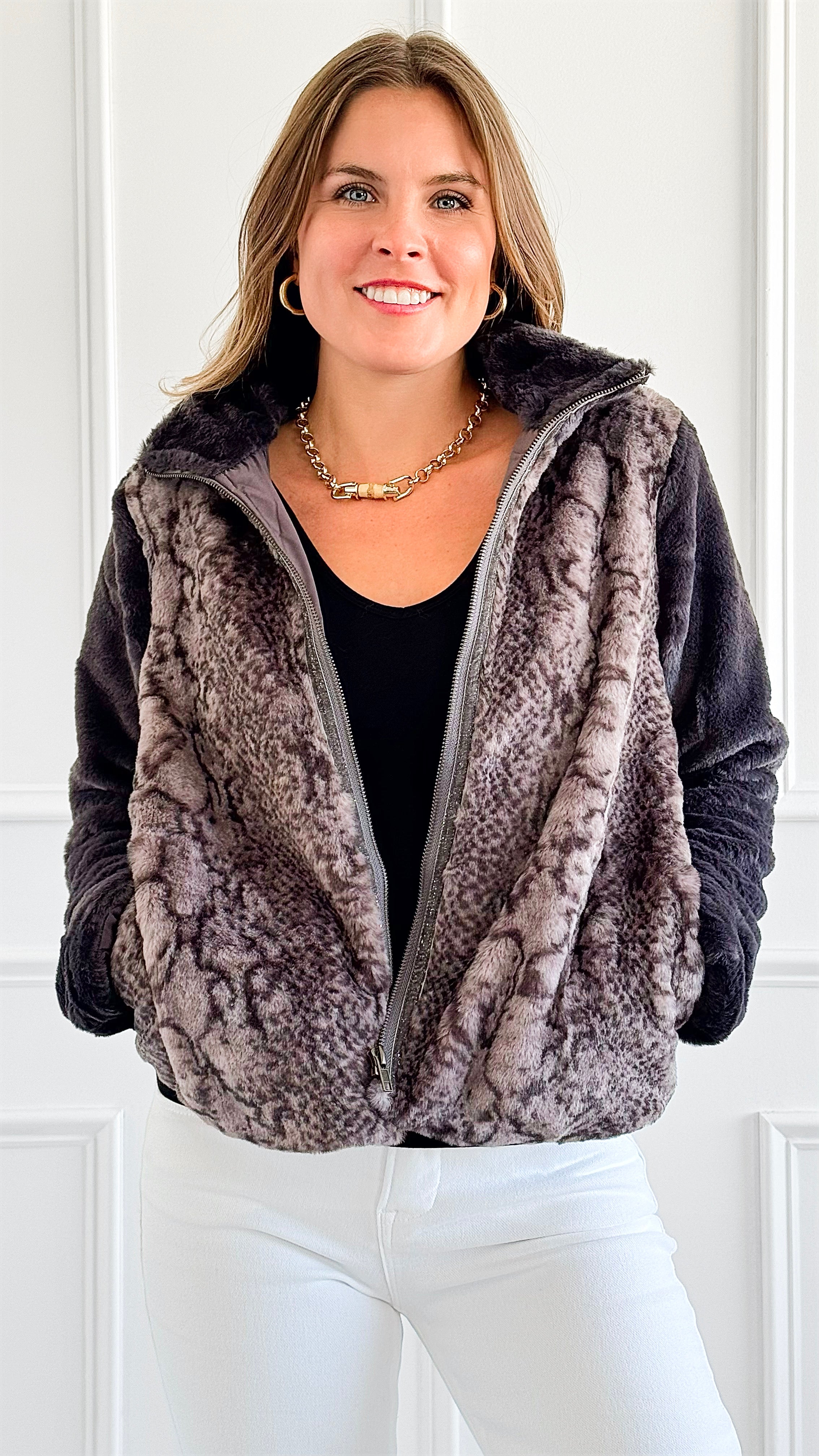 Fuzzy Wild Print Jacket-160 Jackets-Rousseau-Coastal Bloom Boutique, find the trendiest versions of the popular styles and looks Located in Indialantic, FL