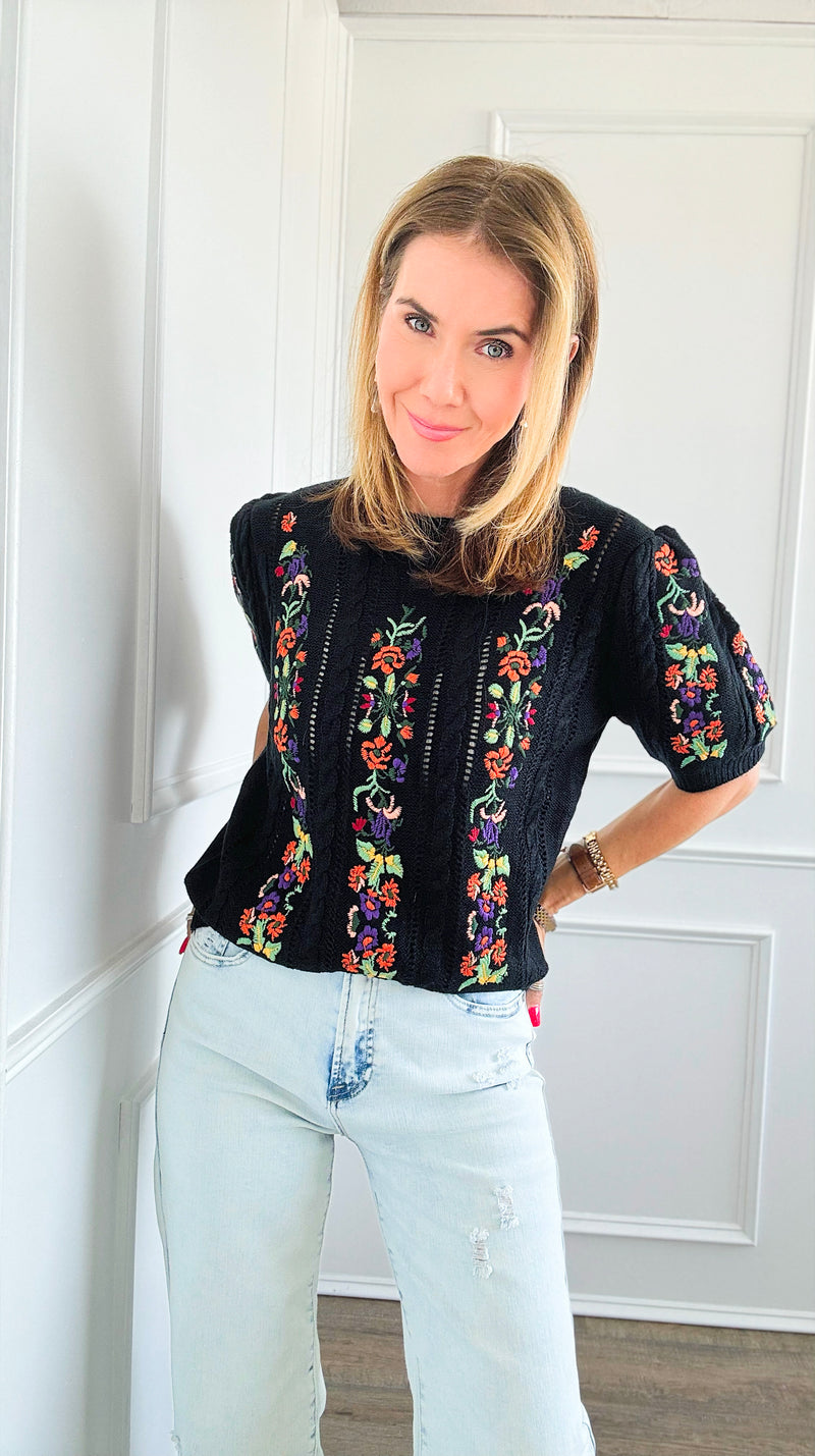 Embroidered Short-Sleeved Crew Neck Sweater - Black-140 Sweaters-BIBI-Coastal Bloom Boutique, find the trendiest versions of the popular styles and looks Located in Indialantic, FL