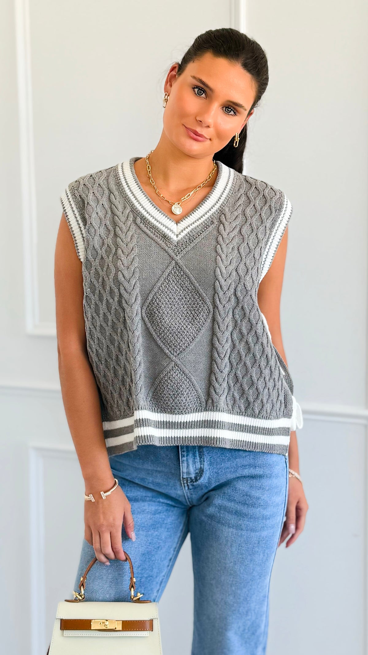 Sweet Side Tie Knit Vest-Grey-00 Sleevless Tops-Fantastic Fawn-Coastal Bloom Boutique, find the trendiest versions of the popular styles and looks Located in Indialantic, FL