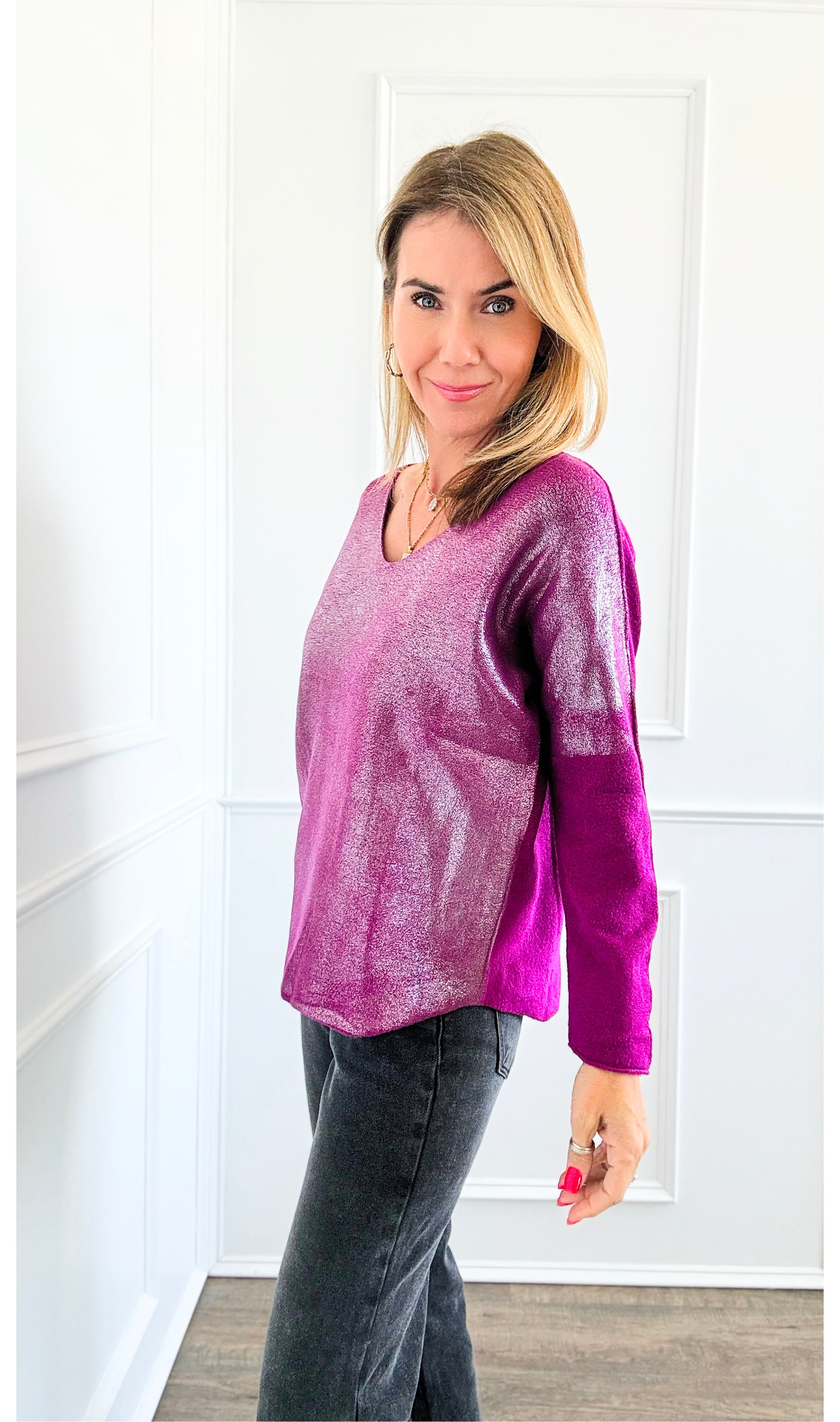 Silver Shine V-Neck Italian Pullover - Magenta-130 Long sleeve top-Italianissimo-Coastal Bloom Boutique, find the trendiest versions of the popular styles and looks Located in Indialantic, FL