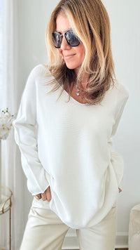 Soho Italian V-Neck Pullover - Off White-140 Sweaters-Italianissimo/ Max & D-Coastal Bloom Boutique, find the trendiest versions of the popular styles and looks Located in Indialantic, FL