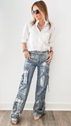 Metallic Wide Leg Denim Cargo Pants-170 Bottoms-Vibrant M.i.U-Coastal Bloom Boutique, find the trendiest versions of the popular styles and looks Located in Indialantic, FL