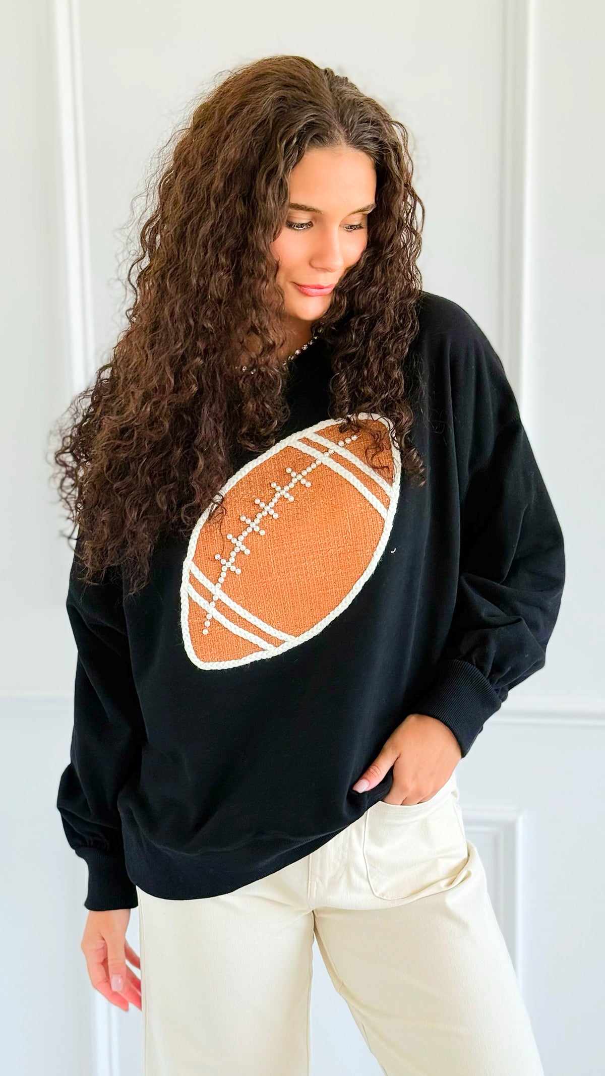 Touchdown Pearl Patch Sweatshirt-110 Long Sleeve Tops-Peach Love California-Coastal Bloom Boutique, find the trendiest versions of the popular styles and looks Located in Indialantic, FL