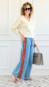 Wild Edge Wide-Leg Denim Pants - Red-190 Denim-JODIFL-Coastal Bloom Boutique, find the trendiest versions of the popular styles and looks Located in Indialantic, FL