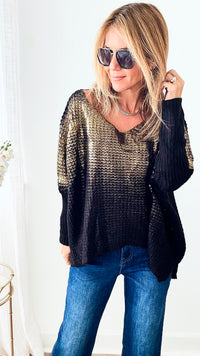 V Neck Gold Foil Sweater - Black-140 Sweaters-Look Mode-Coastal Bloom Boutique, find the trendiest versions of the popular styles and looks Located in Indialantic, FL