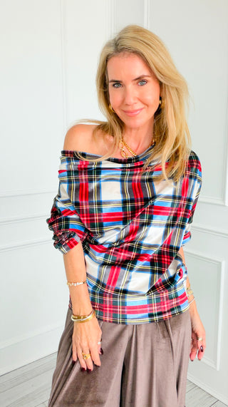 Plaid & Polished Off Shoulder Italian Top- White