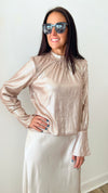 Liquid Sequins Bell Sleeve Blouse - Rose Gold-130 Long Sleeve Tops-Rousseau-Coastal Bloom Boutique, find the trendiest versions of the popular styles and looks Located in Indialantic, FL
