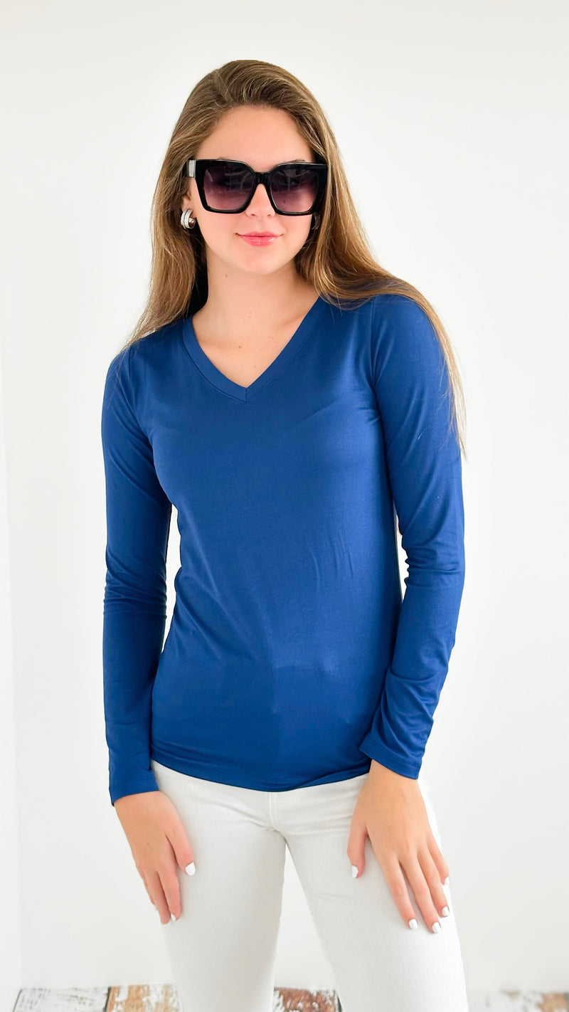 V-Neck Anniston Microfiber Tee- Navy-130 Long Sleeve Tops-Zenana-Coastal Bloom Boutique, find the trendiest versions of the popular styles and looks Located in Indialantic, FL