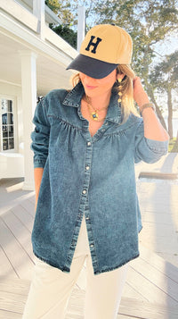Gathered Detail Acid Wash Denim Blouse-110 Long Sleeve Tops-sew in love-Coastal Bloom Boutique, find the trendiest versions of the popular styles and looks Located in Indialantic, FL
