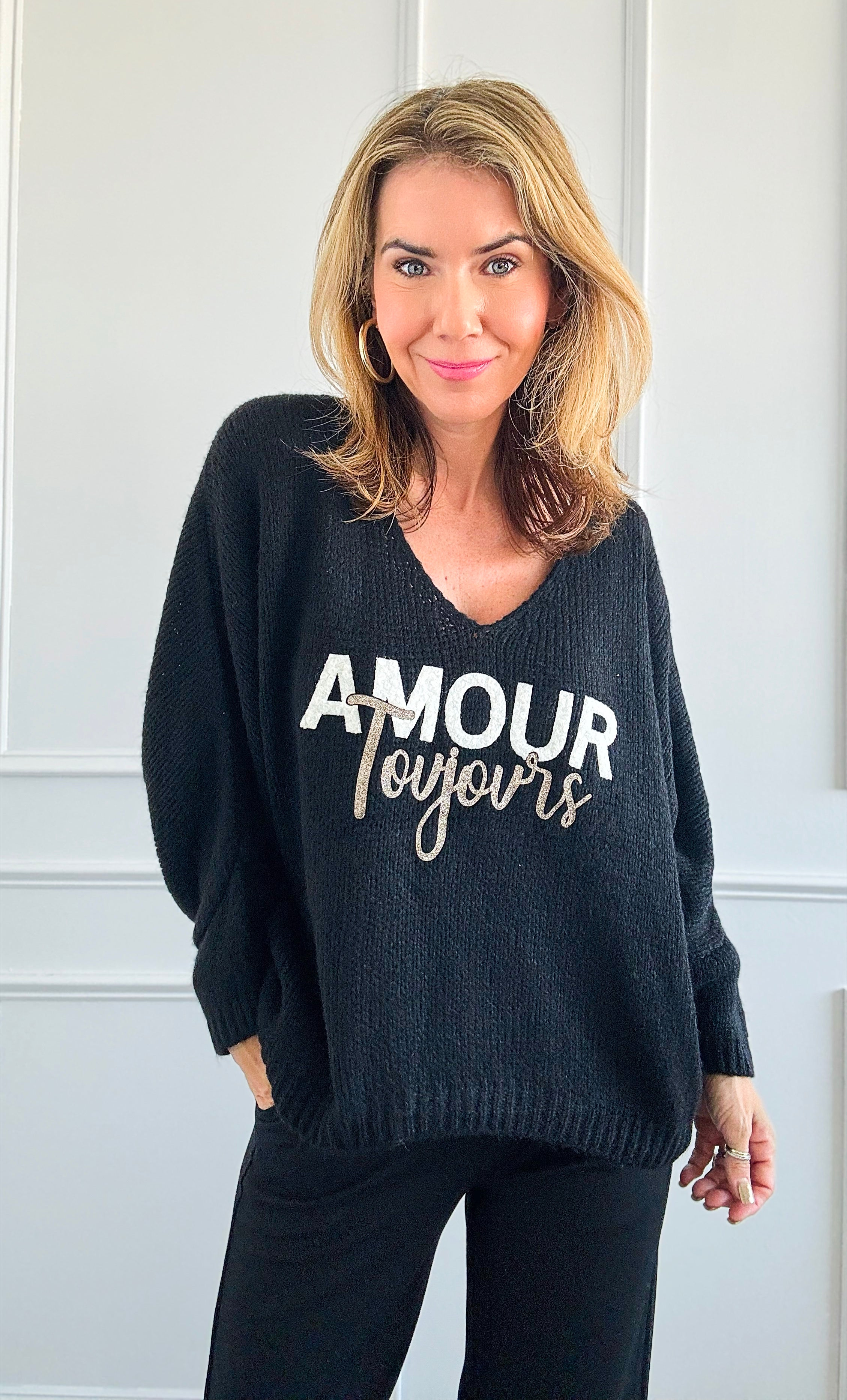 Amour Toujours V-Neck Italian Knit Sweater- Black-140 Sweaters-Italianissimo-Coastal Bloom Boutique, find the trendiest versions of the popular styles and looks Located in Indialantic, FL