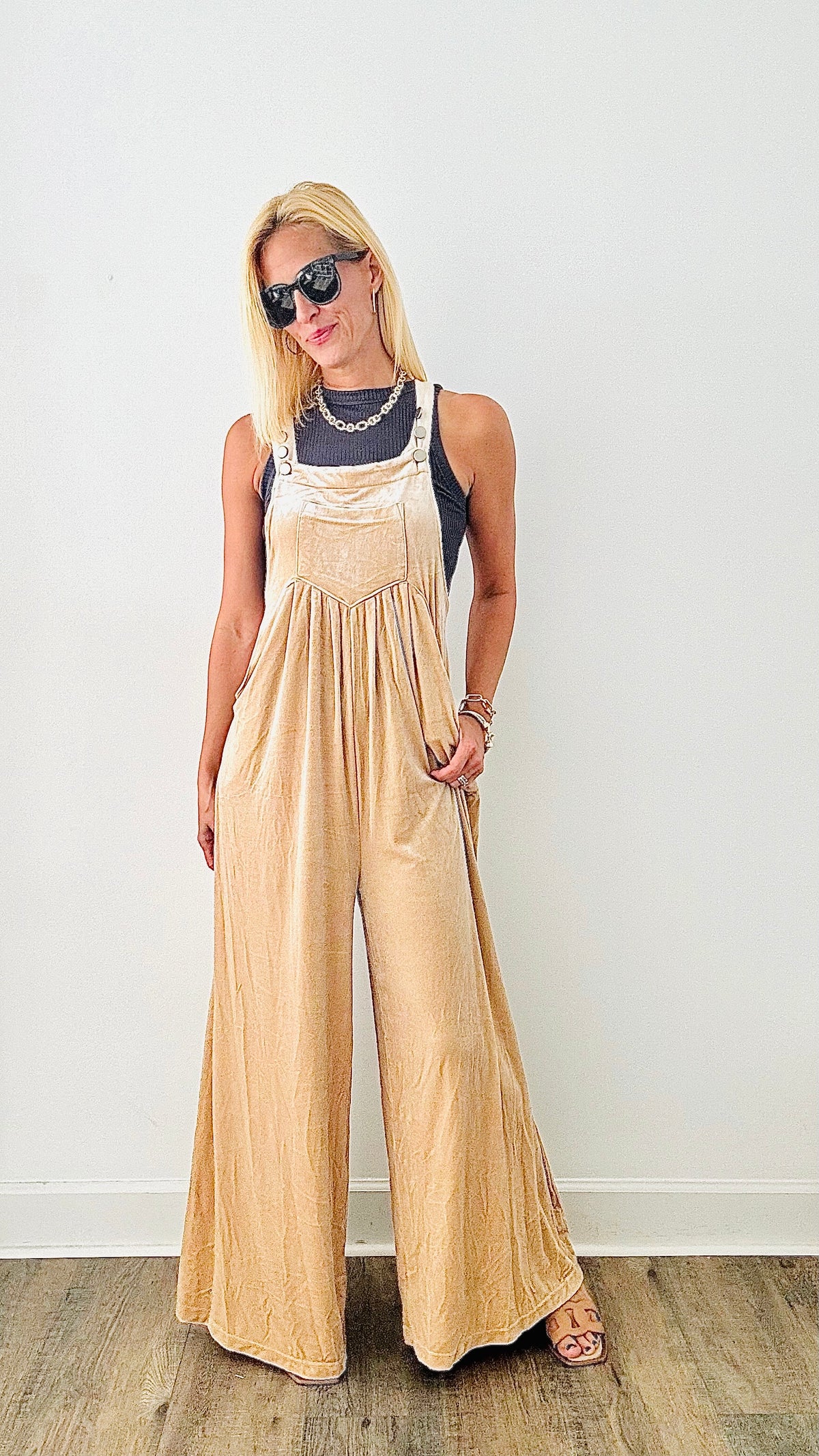 Wide Leg Velvet Overalls - Champagne-200 dresses/jumpsuits/rompers-BIBI-Coastal Bloom Boutique, find the trendiest versions of the popular styles and looks Located in Indialantic, FL