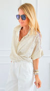 Flower Metallic & Striped Italian Blouse-170 Bottoms-SEÑORITA C/CLEAR S-Coastal Bloom Boutique, find the trendiest versions of the popular styles and looks Located in Indialantic, FL