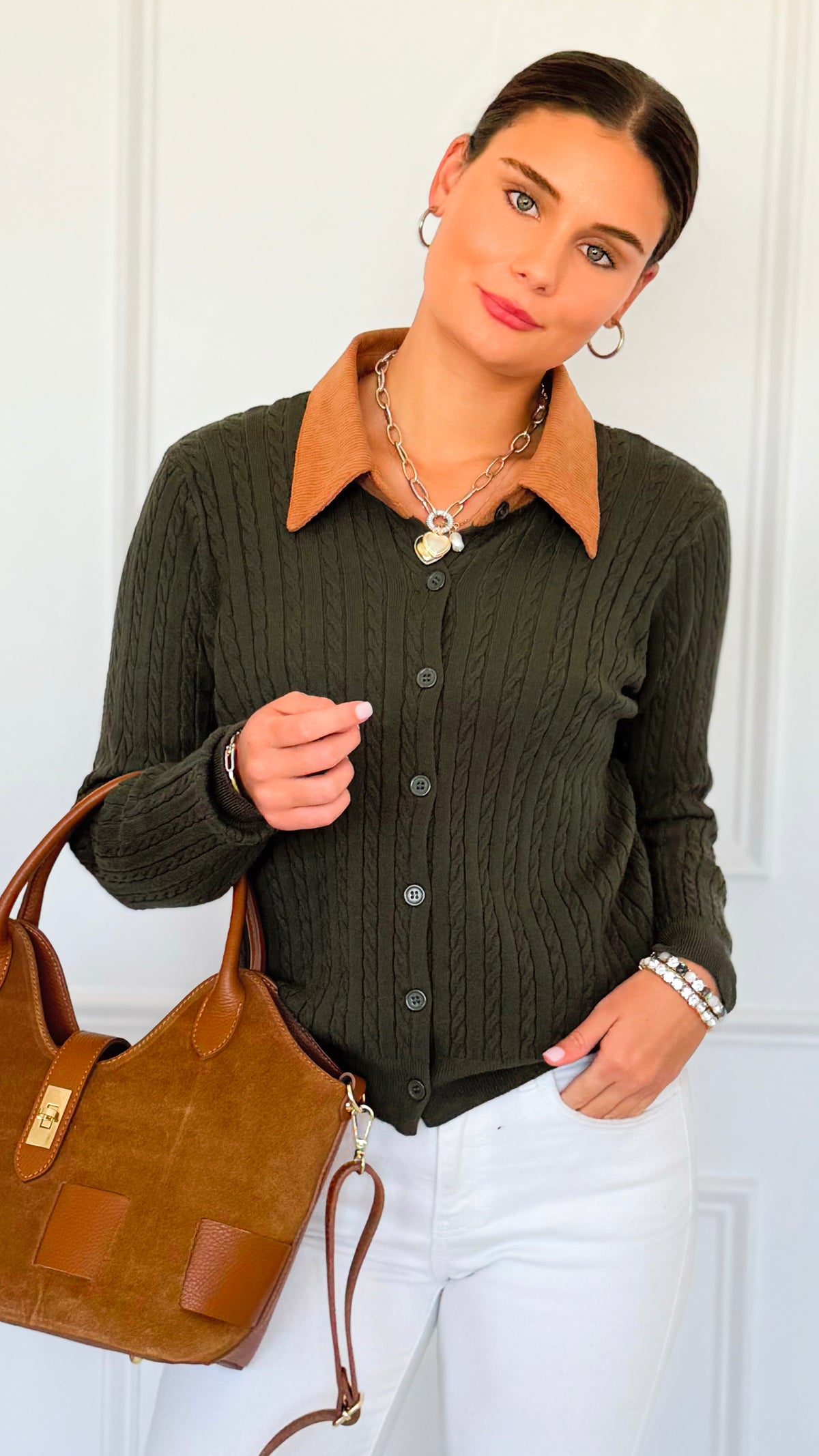 Cable Stitch Italian Button Cardigan- Olive-170 Bottoms-Italianissimo-Coastal Bloom Boutique, find the trendiest versions of the popular styles and looks Located in Indialantic, FL