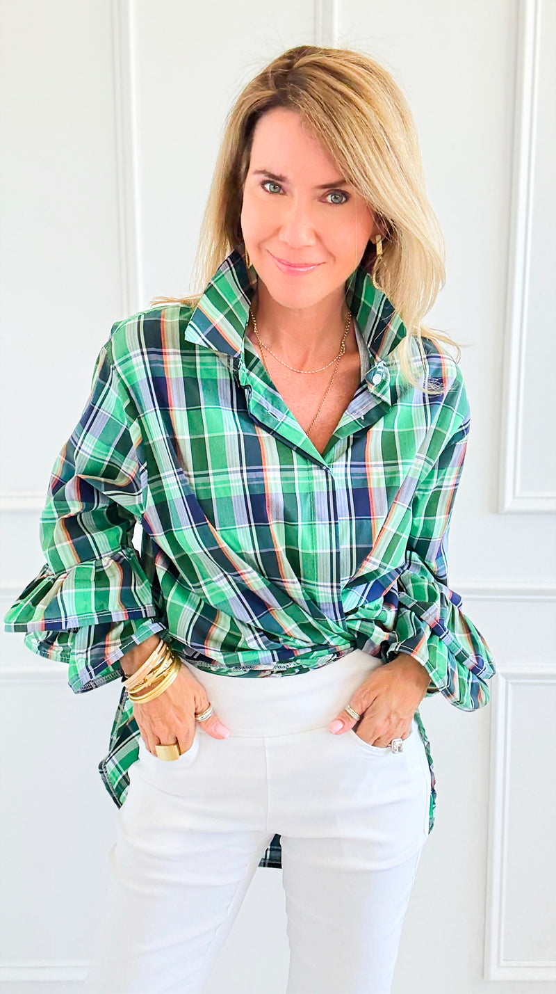 Tartan Ruffle Bell Sleeve Italian Blouse-170 Bottoms-TATTOO Z-Coastal Bloom Boutique, find the trendiest versions of the popular styles and looks Located in Indialantic, FL