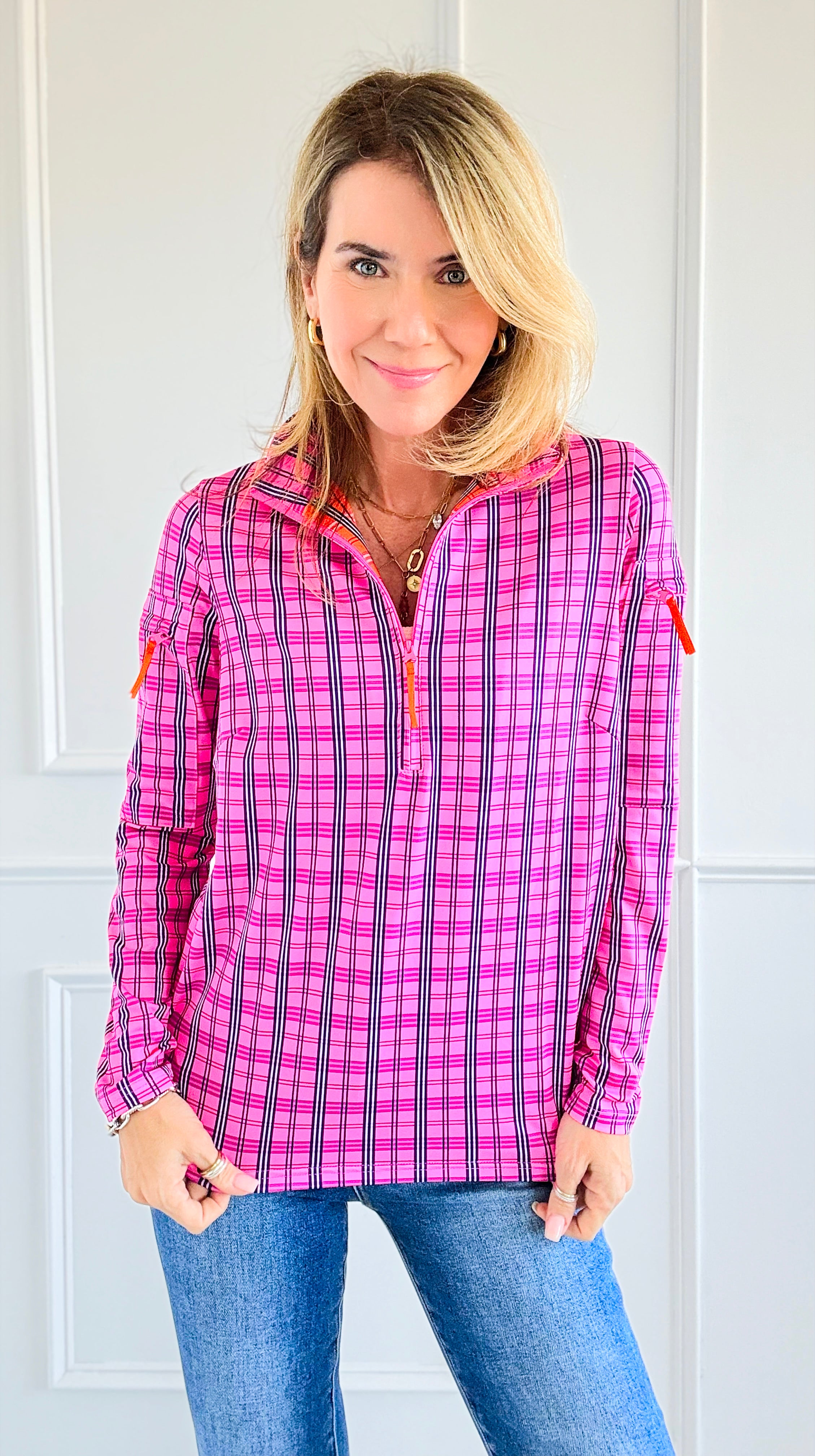 Pre Order- Plaid Allure Zip-Up Top-110 Long Sleeve Tops-Gretchen Scott-Coastal Bloom Boutique, find the trendiest versions of the popular styles and looks Located in Indialantic, FL