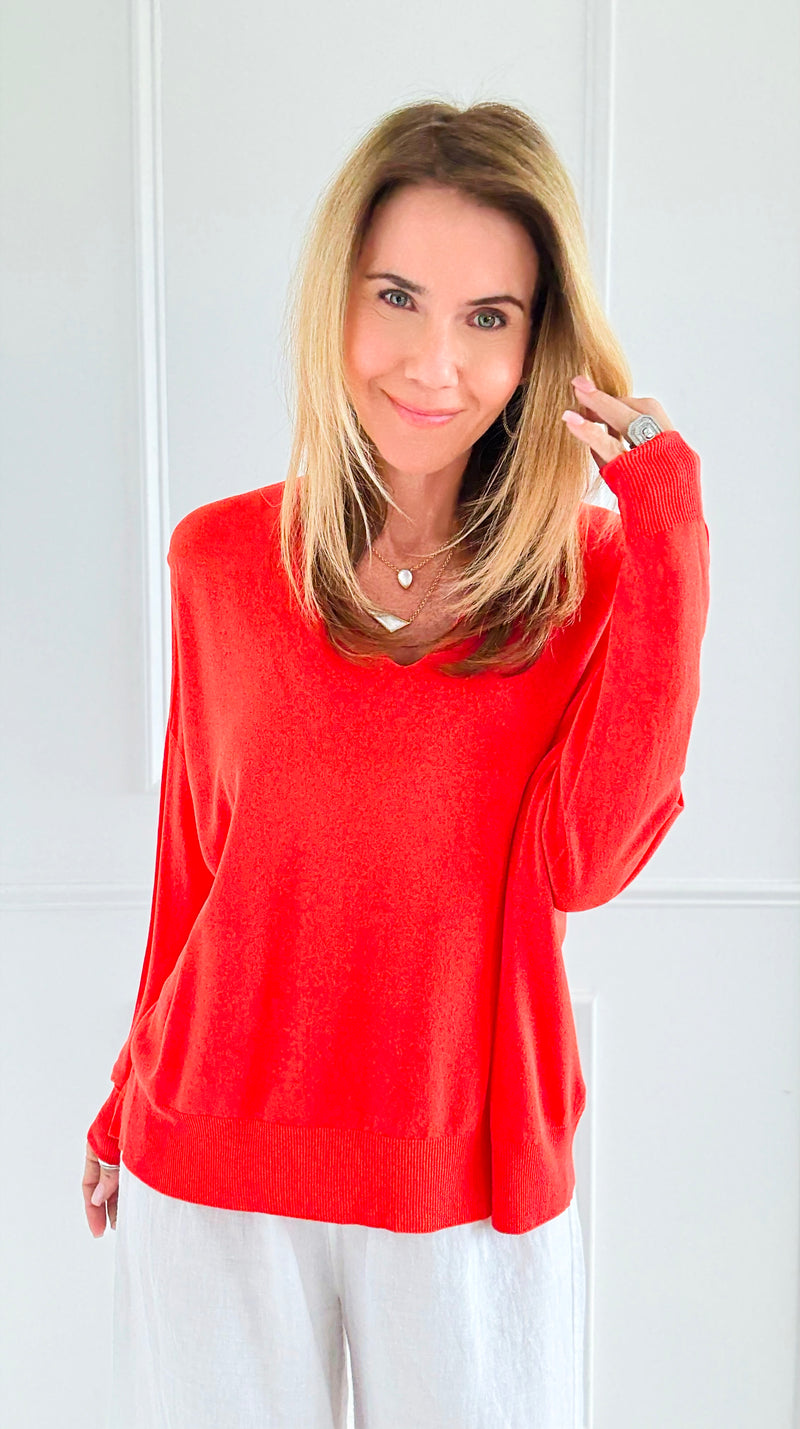Elegant V-Neck Italian Pullover- Orange-110 Long Sleeve Tops-PROFITER-Coastal Bloom Boutique, find the trendiest versions of the popular styles and looks Located in Indialantic, FL