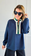 Varsity Vibe Half Zip Sweatshirt - Navy-110 Long Sleeve Tops-JODIFL-Coastal Bloom Boutique, find the trendiest versions of the popular styles and looks Located in Indialantic, FL
