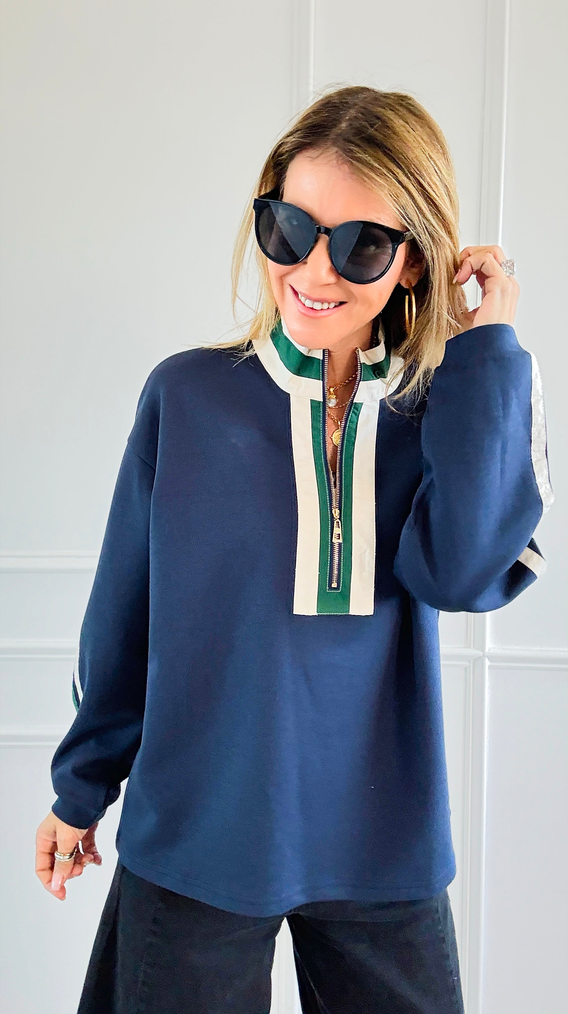 Varsity Vibe Half Zip Sweatshirt - Navy-110 Long Sleeve Tops-JODIFL-Coastal Bloom Boutique, find the trendiest versions of the popular styles and looks Located in Indialantic, FL