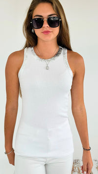 Metallic Foil Detailed Ribbed Italian Tank - Silver/White-100 Sleeveless Tops-Italianissimo-Coastal Bloom Boutique, find the trendiest versions of the popular styles and looks Located in Indialantic, FL