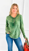 Sunday Stroll Mineral Wash Henley Top - Dk.Green-110 Long Sleeve Tops-Zenana-Coastal Bloom Boutique, find the trendiest versions of the popular styles and looks Located in Indialantic, FL