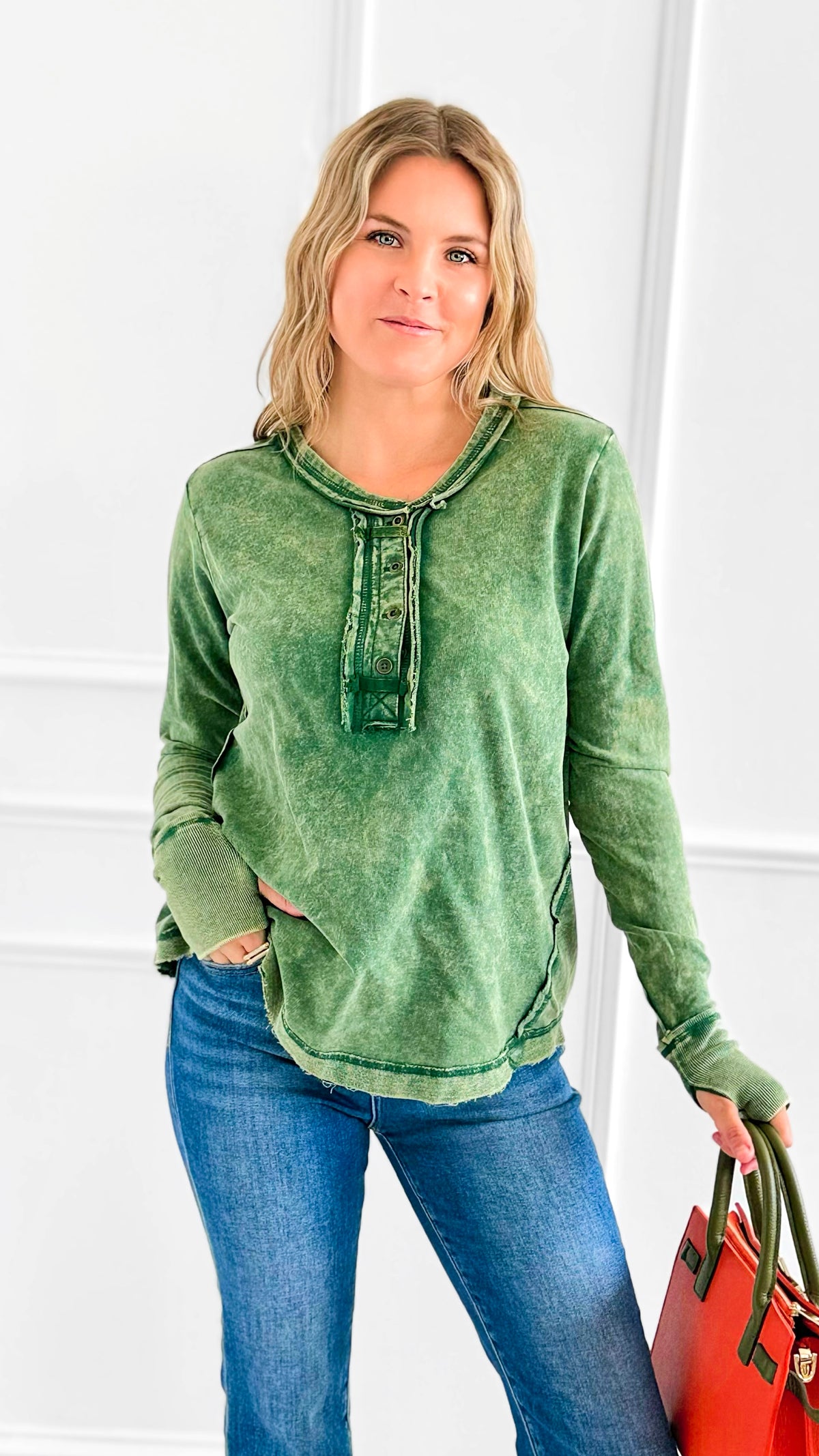 Sunday Stroll Mineral Wash Henley Top - Dk.Green-110 Long Sleeve Tops-Zenana-Coastal Bloom Boutique, find the trendiest versions of the popular styles and looks Located in Indialantic, FL