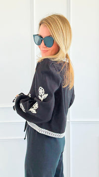 Embroidery Detail Front Tie Long Sleeve Jacket-160 Jackets-Blu Pepper-Coastal Bloom Boutique, find the trendiest versions of the popular styles and looks Located in Indialantic, FL