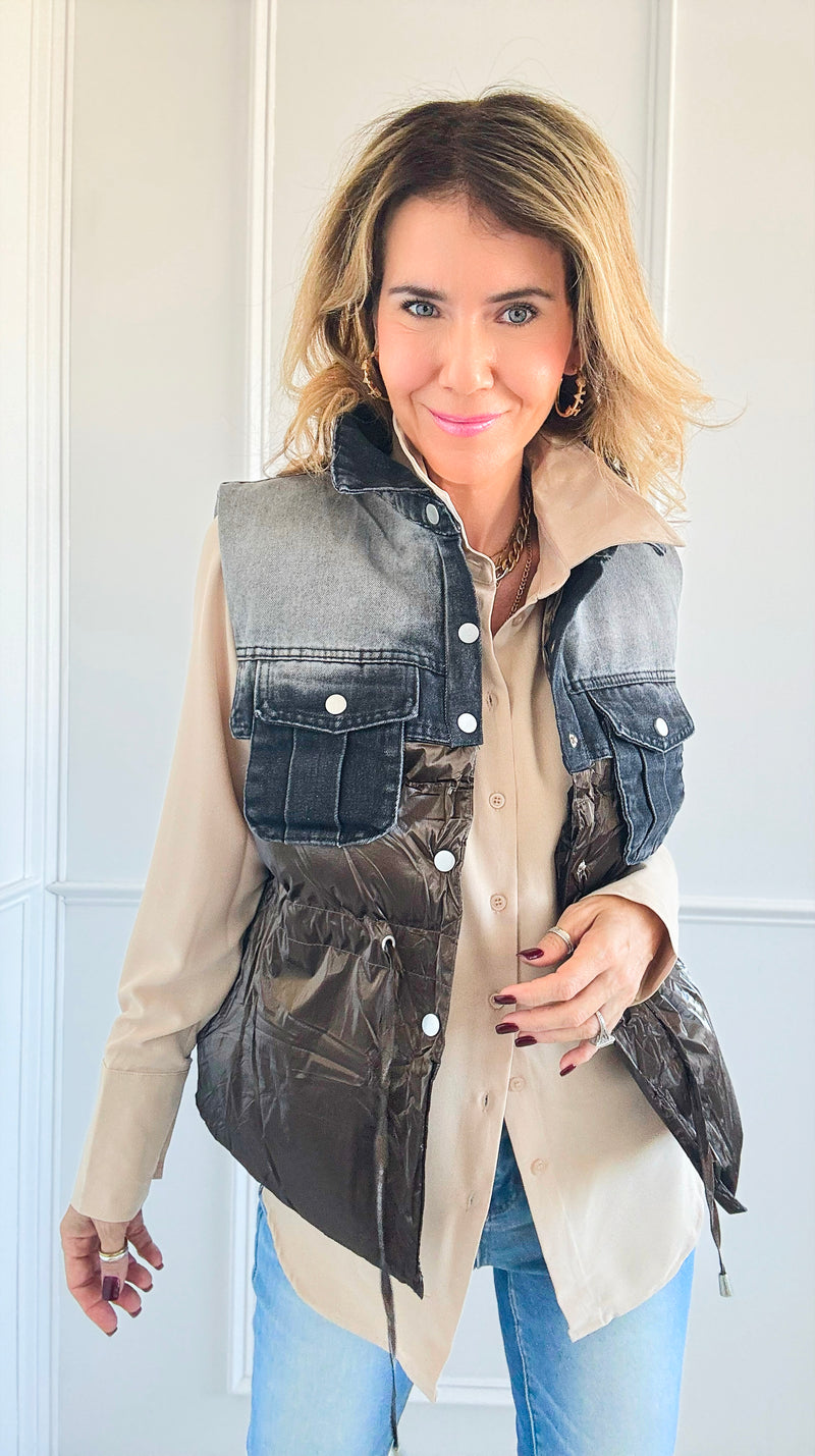 Contrast Denim Puffer Vest - Brown-150 Cardigans/Layers-Rousseau-Coastal Bloom Boutique, find the trendiest versions of the popular styles and looks Located in Indialantic, FL