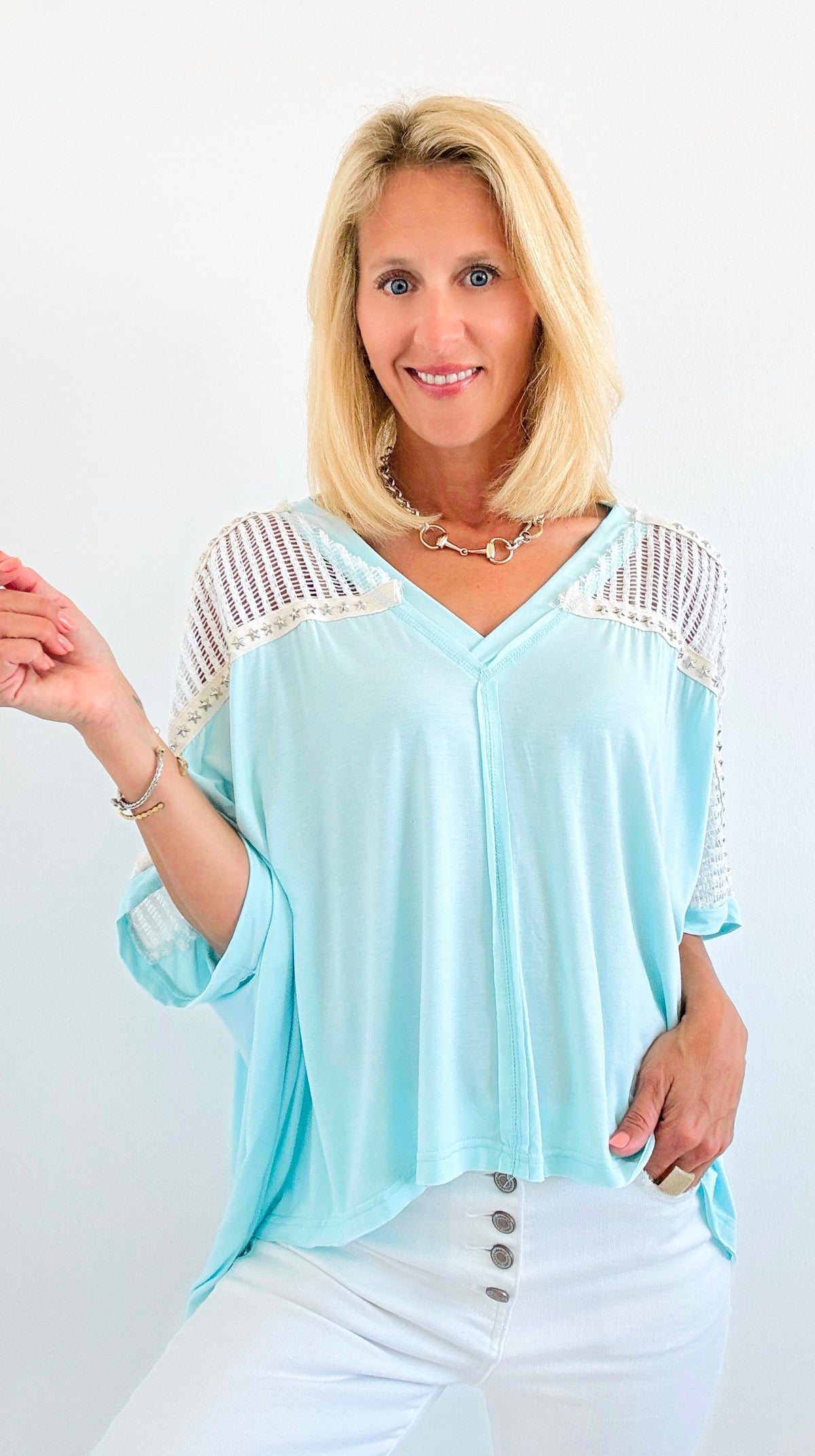 Tropic V-Neck Studded Top - Aqua-110 Long Sleeve Tops-pol-Coastal Bloom Boutique, find the trendiest versions of the popular styles and looks Located in Indialantic, FL