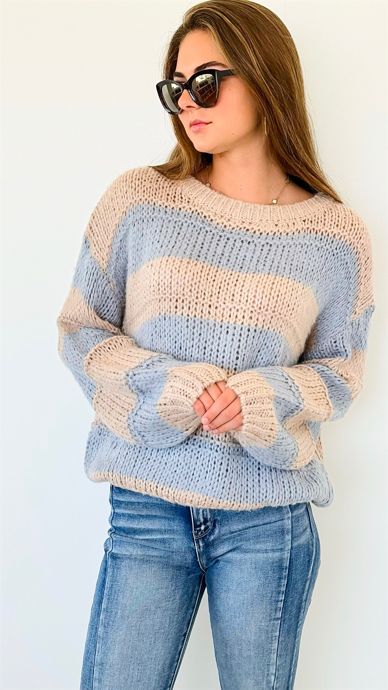 Striped Bubble Sleeve Knitted Sweater - Blush/Blue-140 Sweaters-Miracle-Coastal Bloom Boutique, find the trendiest versions of the popular styles and looks Located in Indialantic, FL