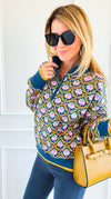 Tri-Bloom Zip Mock Sweater-Peacock Blue Multi-140 Sweaters-&MERCI-Coastal Bloom Boutique, find the trendiest versions of the popular styles and looks Located in Indialantic, FL