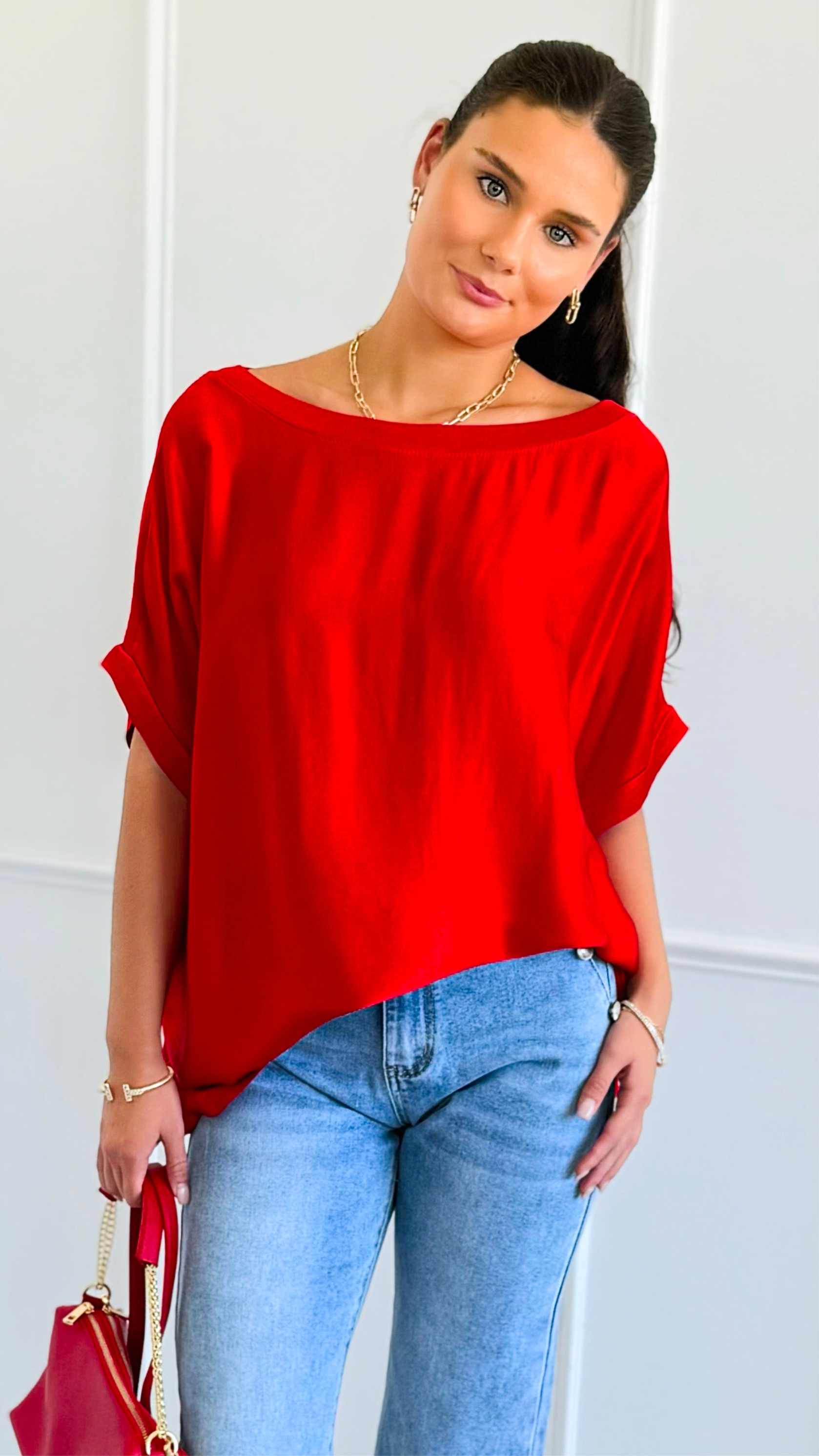 Ease Satin Italian Dolman Top- Red-110 short Sleeve Top-Italianissimo-Coastal Bloom Boutique, find the trendiest versions of the popular styles and looks Located in Indialantic, FL