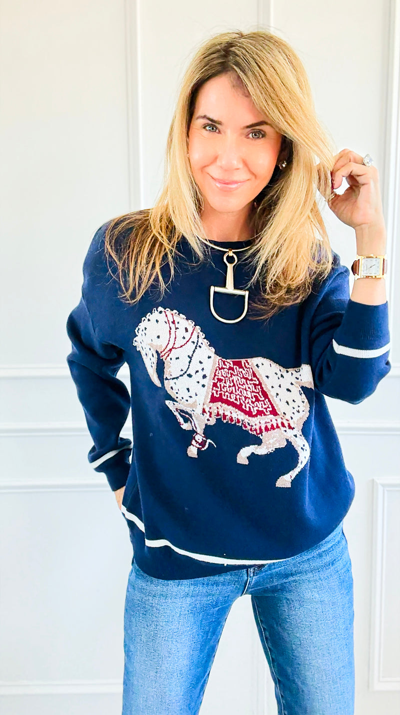 Equestrian Parade Italian Sweater- Navy-140 Sweaters-K2-Coastal Bloom Boutique, find the trendiest versions of the popular styles and looks Located in Indialantic, FL