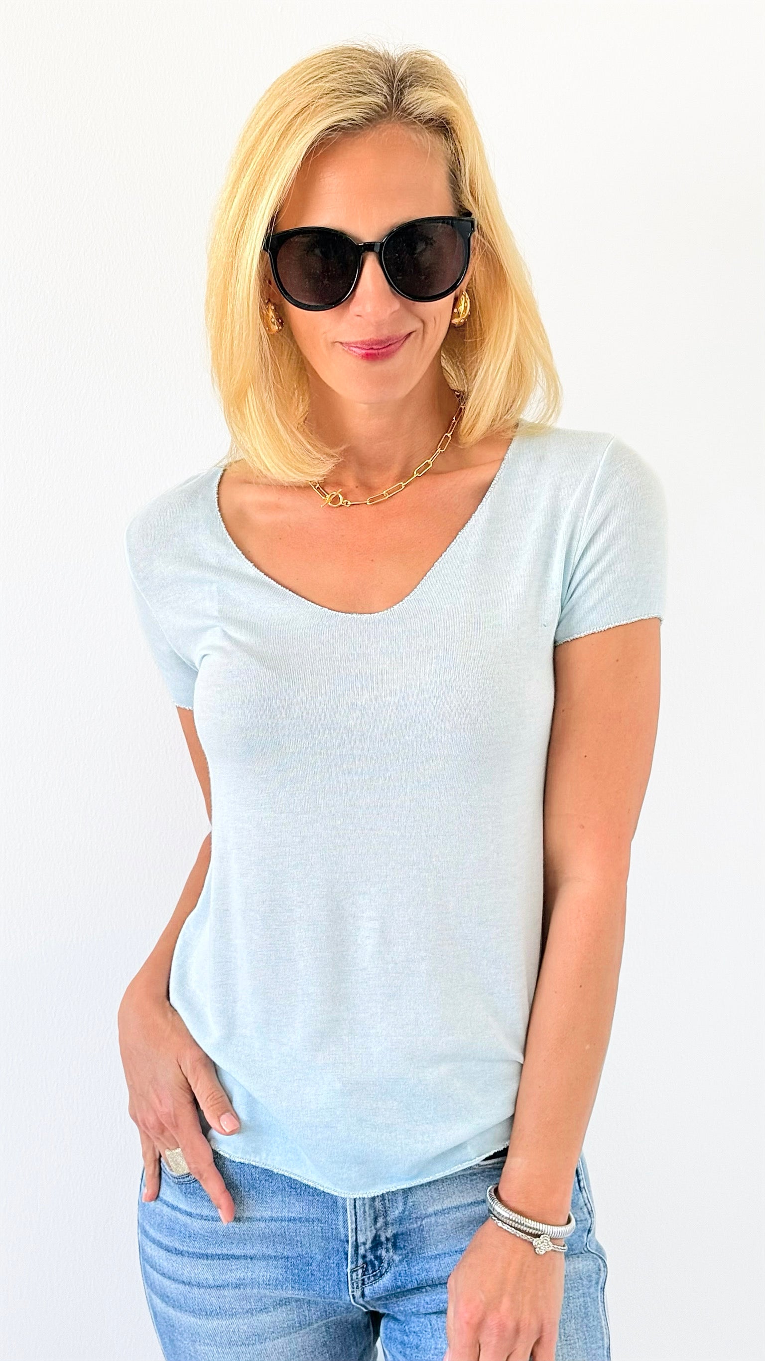 Recoleta Short Sleeve Italian Top - Light Blue-110 Short Sleeve Tops-Italianissimo-Coastal Bloom Boutique, find the trendiest versions of the popular styles and looks Located in Indialantic, FL