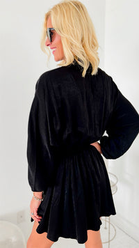 City Sweetheart Drawstring Waist Shirt Dress - Black-200 dresses/jumpsuits/rompers-HYFVE-Coastal Bloom Boutique, find the trendiest versions of the popular styles and looks Located in Indialantic, FL