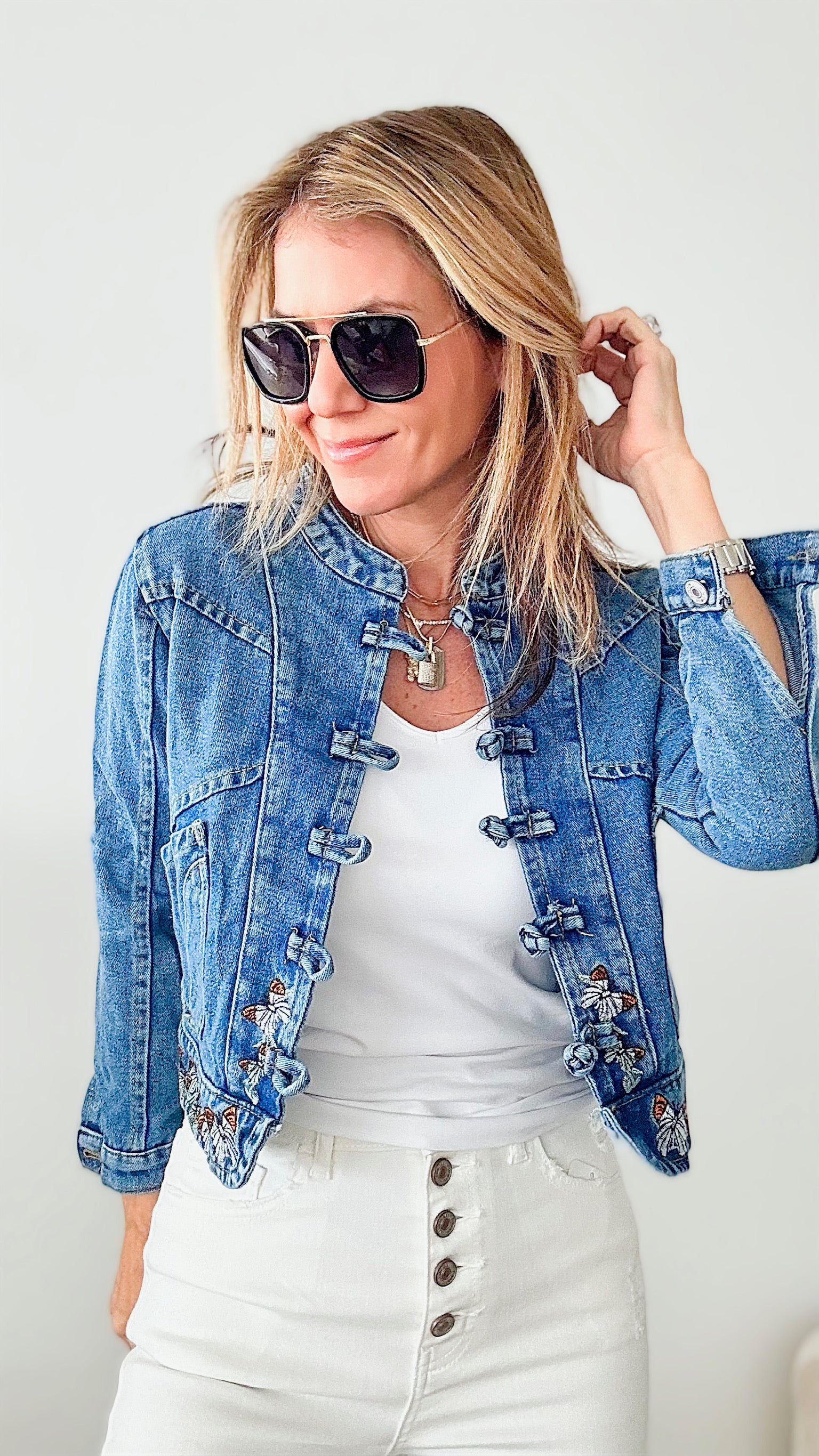 Butterfly Embroidered Denim Jacket-160 Jackets-CBALY-Coastal Bloom Boutique, find the trendiest versions of the popular styles and looks Located in Indialantic, FL
