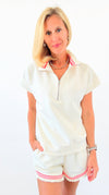 Ruffle Collar Zip Front Knit Top & Shorts Set - Cream-110 short Sleeve Top-Umgee-Coastal Bloom Boutique, find the trendiest versions of the popular styles and looks Located in Indialantic, FL